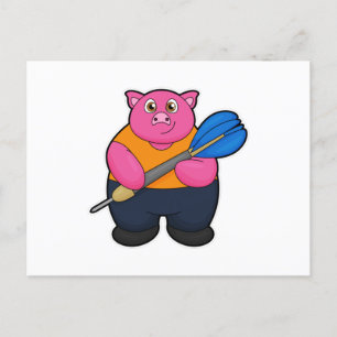 Schwein als Dartspieler mit Darts Postkarte