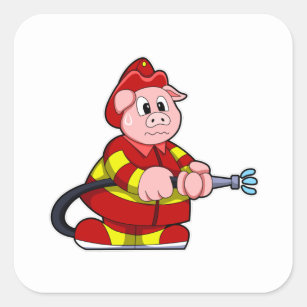 Schwein als Feuerwehrmann mit Feuerlöscher Quadratischer Aufkleber