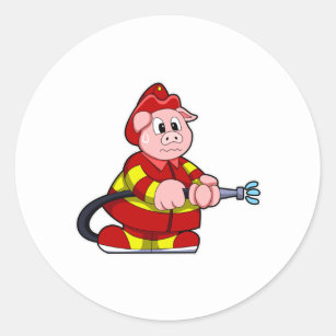 Schwein als Feuerwehrmann mit Feuerlöscher Runder Aufkleber