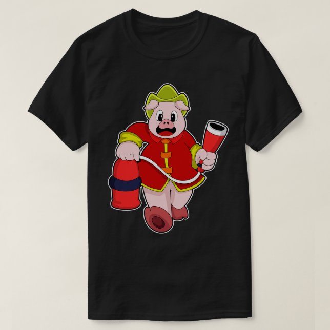 Schwein als Feuerwehrmann mit Feuerlöscher T-Shirt (Design vorne)