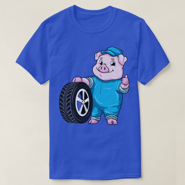 Schwein als Mechaniker mit Reifen T-Shirt (Design vorne)