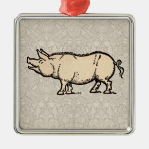 Schwein Antikes Schweine Niedliche Vintage Illustr Silbernes Ornament