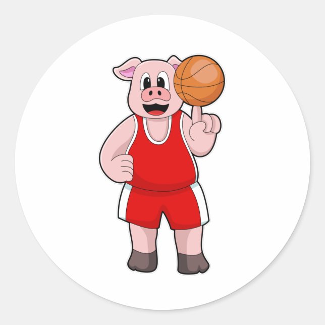 Schwein beim Basketball-Sport Runder Aufkleber (Vorderseite)