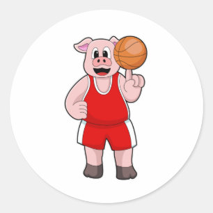 Schwein beim Basketball-Sport Runder Aufkleber