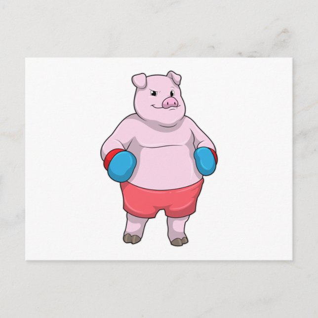 Schwein beim Boxen mit Boxhandschuhen Postkarte (Vorderseite)