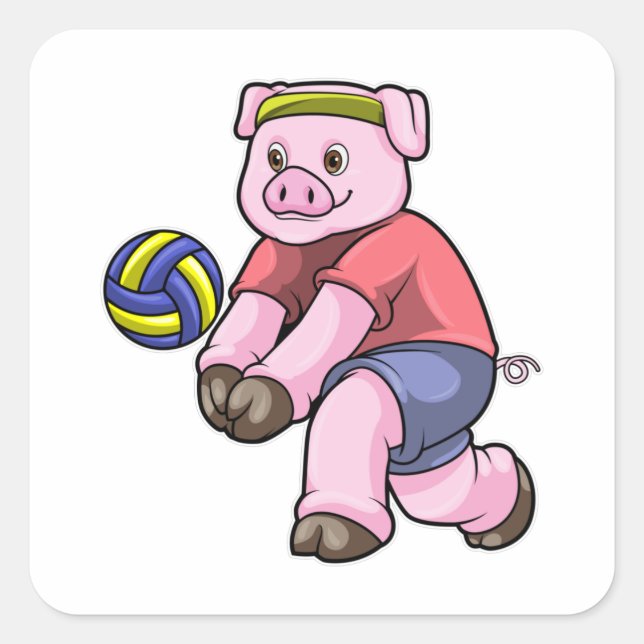 Schwein beim Sport mit Volleyball Quadratischer Aufkleber (Vorderseite)