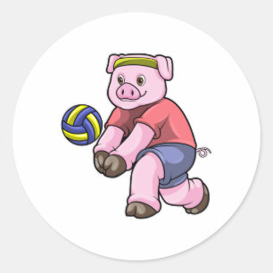 Schwein beim Sport mit Volleyball Runder Aufkleber