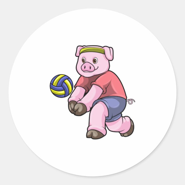 Schwein beim Sport mit Volleyball Runder Aufkleber (Vorderseite)
