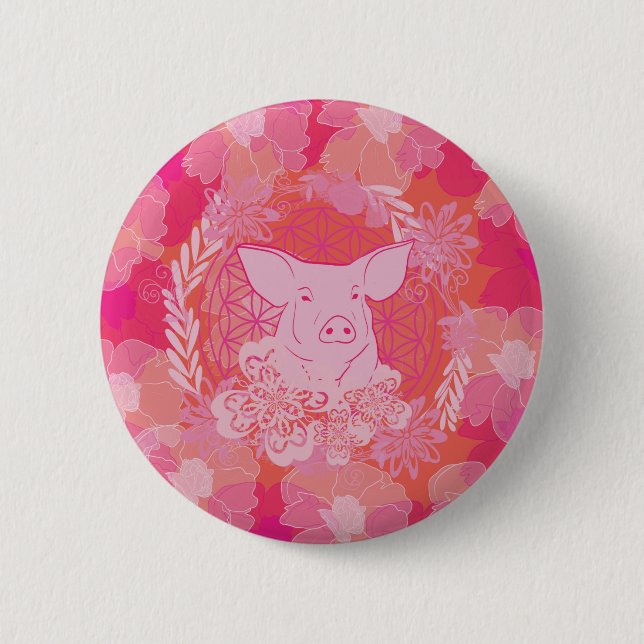 Schwein, Blume des Lebens, blau, mandala,zen,chakr Button (Vorderseite)