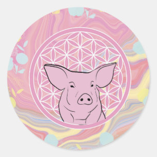 Schwein, Blume des Lebens, Rose, Mandala,Zen,Chakr Runder Aufkleber