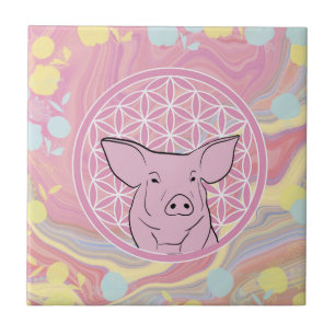 Schwein,Blume des Lebens, Rose, Mandala,Zen,Chakra Fliese