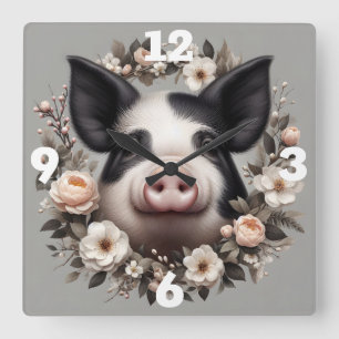 Schwein im Blumenkranz Quadratische Wanduhr