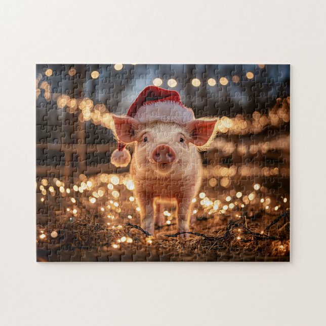 Schwein in einer Weihnachtsmannmütze Puzzle (Horizontal)