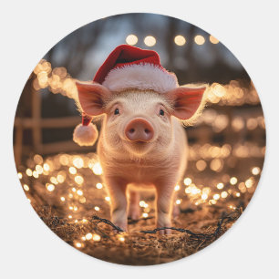 Schwein in einer Weihnachtsmannmütze Runder Aufkleber