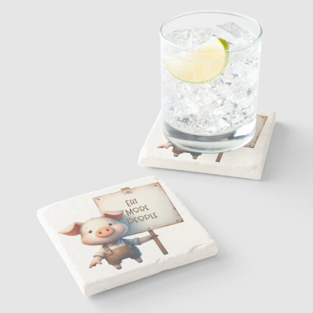 Schwein - Iss mehr Menschen Steinuntersetzer (Seitenansicht)