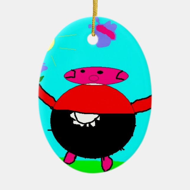 Schwein mit Blume und Schmetterling in der Sonne,  Keramikornament (Vorne)