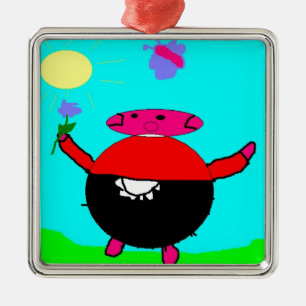 Schwein mit Blume und Schmetterling in der Sonne, Silbernes Ornament