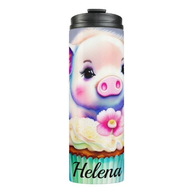 Schwein mit cupcake Wasserfarbenbild Thermosbecher (Vorderseite)