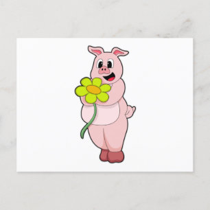 Schwein mit gelber Blume Postkarte