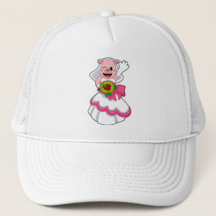 Schwein mit Hochzeitskleid und Blumenstrauß Truckerkappe