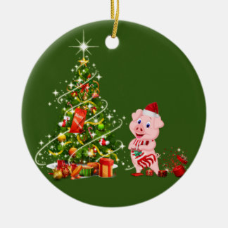 Schwein mit Hutschnupfen Weihnachten Keramik Ornament