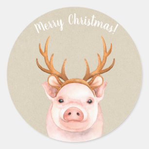 Schwein mit Rentierschaufeln Weihnachten Ferien Runder Aufkleber