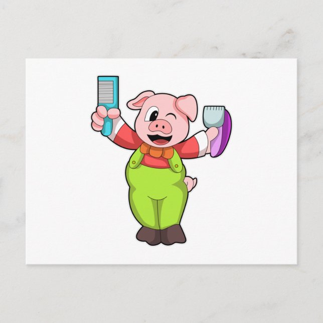 Schwein mit Schere und Rasierer Postkarte (Vorderseite)