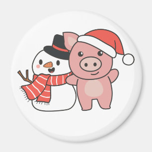 Schwein mit Schneemann im Winter für Weihnachtsmag Magnet