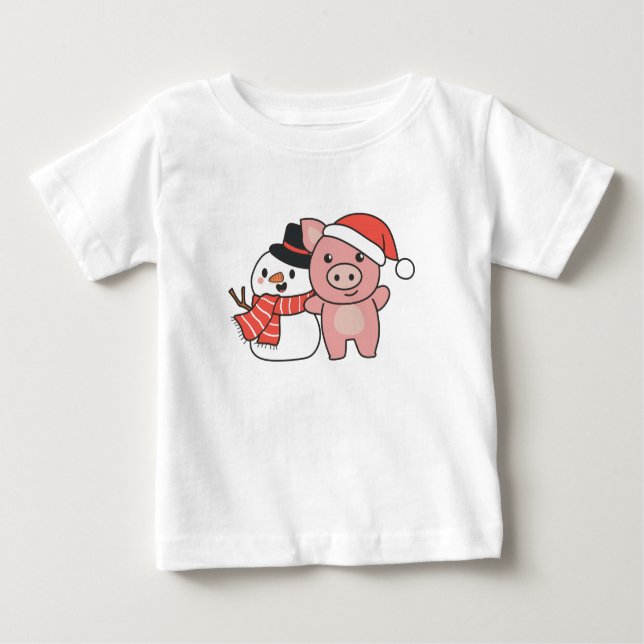 Schwein mit Schneemann im Winter zu Weihnachten Baby T-shirt (Vorderseite)