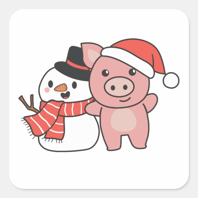 Schwein mit Schneemann im Winter zu Weihnachten Quadratischer Aufkleber (Vorderseite)
