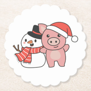 Schwein mit Schneemann im Winter zu Weihnachten Untersetzer
