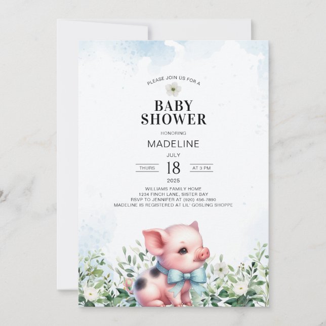 Schweinchen mit Bow Blue Boy Baby Dusche Einladung (Vorderseite)