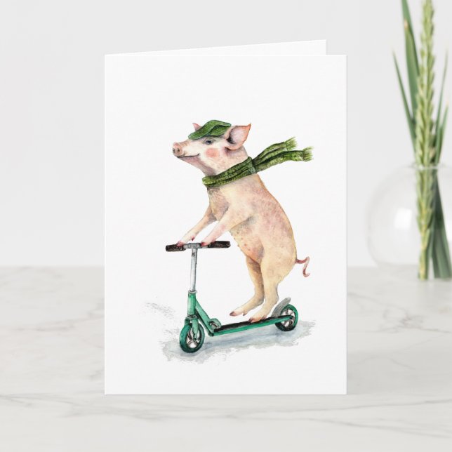 Schweine auf einem Roller Feiertagskarte (Vorderseite)
