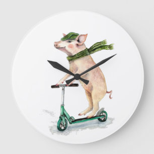 Schweine auf einem Roller Große Wanduhr