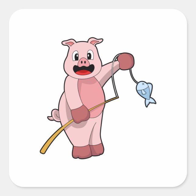 Schweine beim Angeln mit Angelrute und Fisch Quadratischer Aufkleber (Vorderseite)
