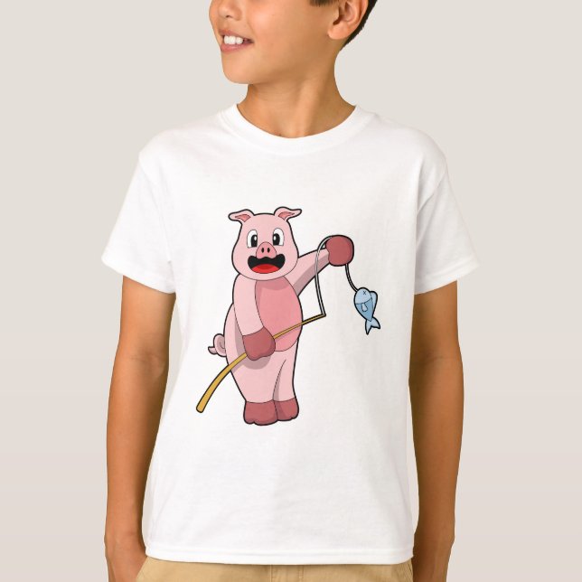 Schweine beim Angeln mit Angelrute und Fisch T-Shirt (Vorderseite)