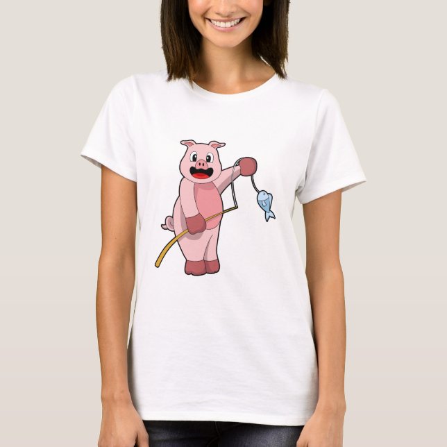 Schweine beim Angeln mit Angelrute und Fisch T-Shirt (Vorderseite)