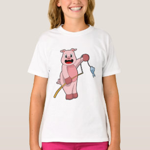 Schweine beim Angeln mit Angelrute und Fisch T-Shirt