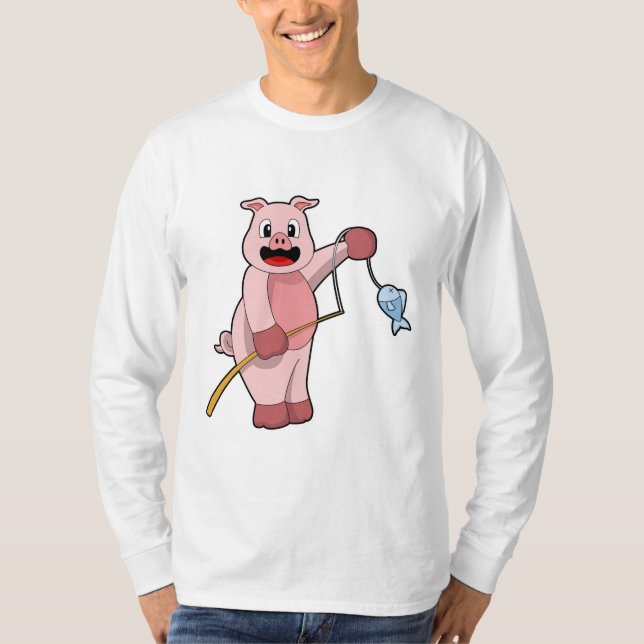 Schweine beim Angeln mit Angelrute und Fisch T-Shirt (Vorderseite)