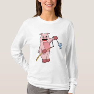 Schweine beim Angeln mit Angelrute und Fisch T-Shirt