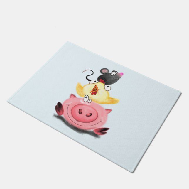 Schweine Hühnchen und Maus Freunde Funny Doormat Fußmatte (Schrägansicht)