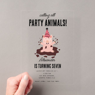 Schweine spielen auf einer Farm-Party mit Matsch - Acryleinladungen