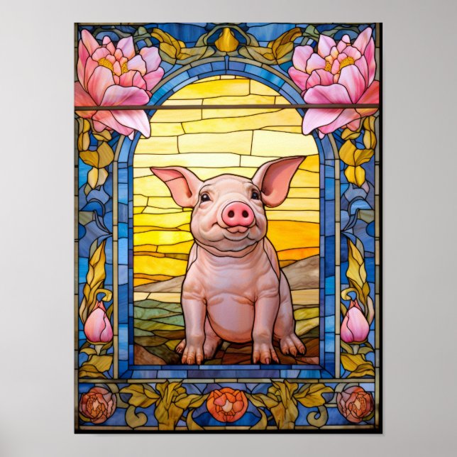 Schweinebaby-Buntglas-Stil-Blumenfensterkunst  Poster (Vorne)