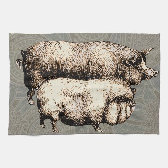 Schweinefarm Land Antike Illustration Kunst, Dicht Geschirrtuch (Horizontal)