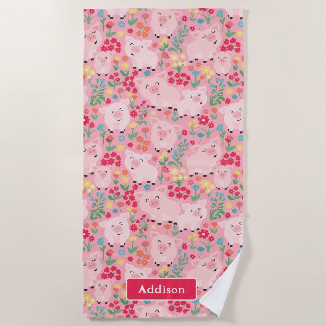 Schweinefarm Tierblume Rustikal Personalisiert Strandtuch (Vorderseite)