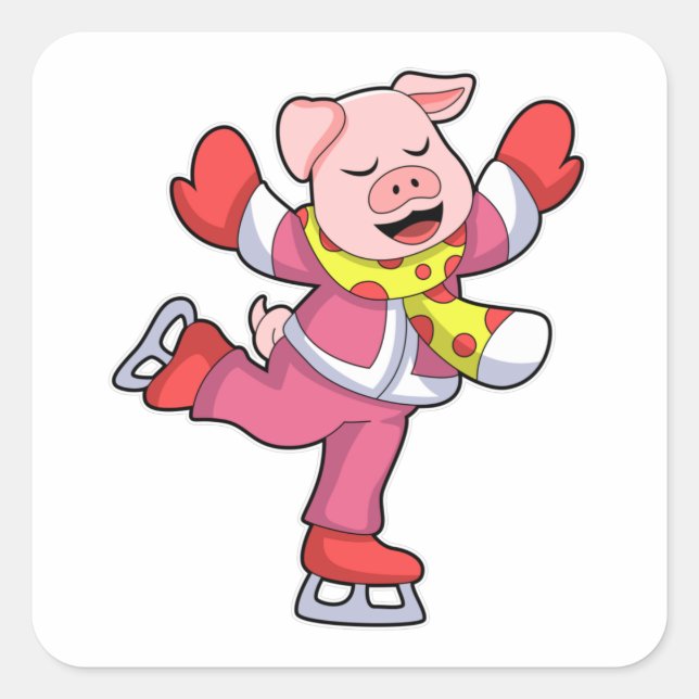 Schweinefleisch auf Ice-Skaten mit Ice-Skaten Quadratischer Aufkleber (Vorderseite)