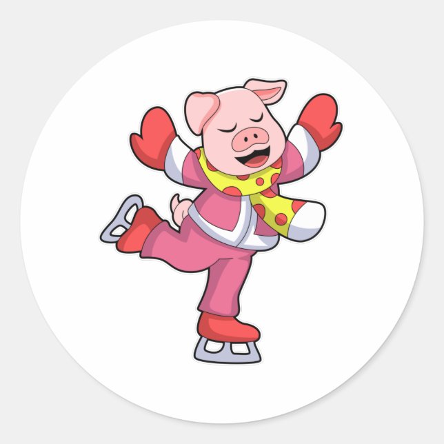 Schweinefleisch auf Ice-Skaten mit Ice-Skaten Runder Aufkleber (Vorderseite)