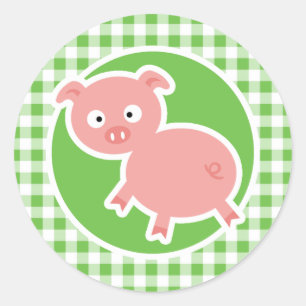 Schweinefleisch, Green Gingham Runder Aufkleber