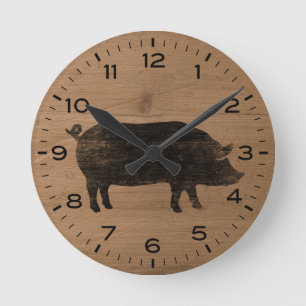 Schweinefleisch Silhouette Imitate Holz Land Runde Wanduhr