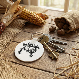 Schweinekopf Bauernhof Tier Zeichnung in Schwarzwe Schlüsselanhänger